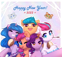 Size: 3100x2855 | Tagged: safe, artist:avrameow, imported from derpibooru, hitch trailblazer, izzy moonbow, pipp petals, sunny starscout, zipp storm, earth pony, pegasus, pony, unicorn, g5, happy new year, happy new year 2022, holiday, mane five (g5), my little pony: a new generation