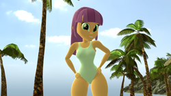 Size: 1920x1080 | Tagged: safe, artist:mr.uberrebu25, imported from derpibooru, ginger owlseye, equestria girls, 3d, beach, beach babe, breasts, busty ginger owlseye, clothes, green swimsuit, hand on hip, one-piece swimsuit, solo, swimsuit