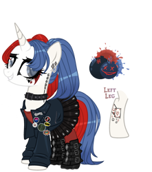 Size: 2299x2603 | Tagged: safe, artist:kellysweet1, derpibooru exclusive, imported from derpibooru, oc, oc only, oc:side-splitter, pony, unicorn, badge, bisexual pride flag, boots, clothes, collar, ear piercing, earring, eyeshadow, female, grin, high res, jacket, jewelry, leather jacket, makeup, mare, piercing, pigtails, pin, pride, pride flag, running makeup, shirt, shoes, simple background, skirt, smiling, socks, solo, stockings, t-shirt, tattoo, thigh highs, transparent background, twintails