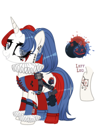 Size: 2299x2603 | Tagged: safe, artist:kellysweet1, derpibooru exclusive, imported from derpibooru, oc, oc only, oc:side-splitter, pony, unicorn, ammunition, ammunition belt, belt, boots, clothes, corset, ear piercing, earring, eyeshadow, female, gloves, grenade, grin, gun, handgun, high res, holster, jewelry, makeup, mare, piercing, pigtails, pistol, running makeup, shoes, simple background, smiling, socks, solo, stockings, tattoo, thigh highs, transparent background, twintails, weapon