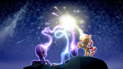 Size: 3840x2160 | Tagged: safe, artist:nebby14, imported from derpibooru, starlight glimmer, sunset shimmer, trixie, twilight sparkle, alicorn, pony, unicorn, equestria girls, 3d, 4k, cute, fireworks, group, group shot, happy new year, hd, high res, holiday, magic, magic aura, magical quartet, mountain, new year, night, night sky, rearing, shooting star, sky, source filmmaker, space, stars, twilight sparkle (alicorn), wallpaper