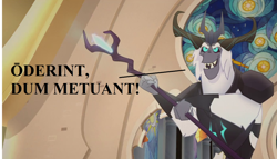 Size: 1386x792 | Tagged: safe, edit, edited screencap, imported from derpibooru, screencap, storm king, my little pony: the movie, antagonist, atreus (play), canterlot castle, cropped, latin, lucius accius, speech, staff, staff of sacanas, talking, throne, translated in the description