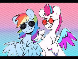 Size: 4325x3319 | Tagged: safe, artist:chub-wub, imported from derpibooru, rainbow dash, zipp storm, pegasus, pony, aviator sunglasses, chest fluff, colored hooves, colored wings, cool, cute, cute little fangs, duo, fangs, female, g5, geometric background, glasses, gradient background, grin, high res, looking at each other, looking at someone, mare, multicolored wings, my little pony: a new generation, one eye closed, outline, partially open wings, raised hoof, round glasses, smiling, smug, sunglasses, unshorn fetlocks, white outline, wings