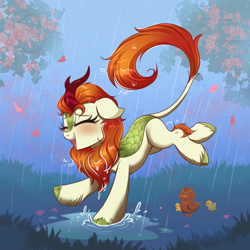 Size: 4000x4000 | Tagged: safe, artist:confetticakez, imported from derpibooru, autumn blaze, bird, duck, kirin, absurd resolution, awwtumn blaze, blushing, chest fluff, cute, duckling, eyes closed, female, floppy ears, happy, leaves, open mouth, open smile, puddle, rain, smiling, solo, splash, tree, wet, wet mane