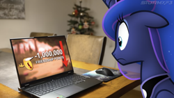 Size: 1334x750 | Tagged: safe, artist:stormxf3, imported from derpibooru, screencap, princess luna, alicorn, pony, computer, ears back, emotes, laptop computer, luna's friendship test, shocked, social credit, solo, trollight sparkle