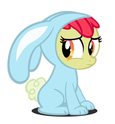 Size: 2353x2549 | Tagged: safe, artist:rayne-feather, imported from derpibooru, apple bloom, earth pony, pony, family appreciation day, season 2, animal costume, bunny bloom, bunny costume, clothes, costume, embarrassed, female, filly, floppy ears, foal, frown, high res, shadow, simple background, sitting, solo, transparent background, vector