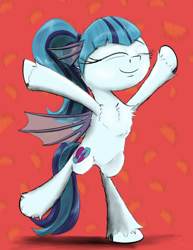 Size: 1550x2012 | Tagged: safe, artist:chopsticks, imported from derpibooru, sonata dusk, pony, equestria girls, bipedal, cheek fluff, chest fluff, cute, eyes closed, female, food, mare, ponified, smiling, solo, sonatabetes, taco, unshorn fetlocks