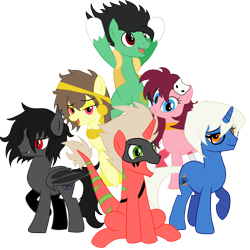 Size: 2000x2000 | Tagged: safe, artist:archooves, imported from derpibooru, oc, oc only, oc:coyllur, oc:gehirn, oc:kakawatl, oc:pink velvet, oc:rex, oc:vlad tempest, bat pony, earth pony, pegasus, pony, unicorn, derpibooru community collaboration, 2022 community collab, bat pony oc, earth pony oc, eyebrows, eyebrows visible through hair, female, glasses, grin, group, high res, horn, male, mare, open mouth, open smile, pegasus oc, raised hoof, simple background, sitting, smiling, stallion, transparent background, unicorn oc