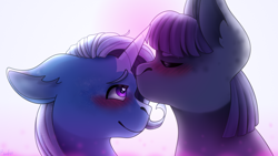 Size: 1280x720 | Tagged: safe, artist:radpanda426, imported from derpibooru, maud pie, trixie, earth pony, pony, unicorn, blushing, bust, duo, duo female, eyes closed, female, lesbian, mare, mauxie, shipping, smiling