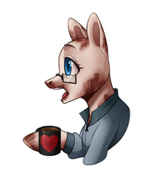 Size: 1280x1463 | Tagged: safe, artist:cried wolf, imported from derpibooru, oc, oc only, pony, blue eyes, bust, clothes, glasses, mug, open mouth, profile, simple background, solo, white background