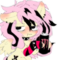 Size: 593x598 | Tagged: safe, artist:knwives, imported from derpibooru, fluttershy, pegasus, pony, alternate cutie mark, arm warmers, blushing, choker, clothes, cute, ear piercing, emo, emoshy, female, monster energy, piercing, shyabetes, simple background, solo, spiked choker, spiked wristband, two toned mane, white background, wristband