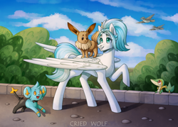 Size: 1280x914 | Tagged: safe, artist:cried wolf, imported from derpibooru, oc, oc only, eevee, pegasus, pidgey, pony, shinx, snivy, crossover, pokémon, walking