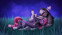 Size: 1280x739 | Tagged: safe, artist:cried wolf, imported from derpibooru, oc, oc only, alicorn, bat pony, pony, alicorn oc, duo, horn, night, wings