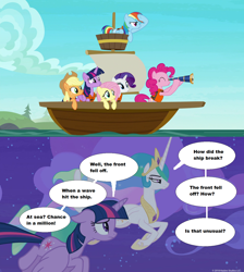 Size: 1280x1428 | Tagged: safe, edit, imported from derpibooru, screencap, applejack, fluttershy, pinkie pie, princess celestia, rainbow dash, rarity, twilight sparkle, alicorn, pony, all bottled up, horse play, angry, best friends until the end of time, boat, cloud, disappointed, duo, female, flying, lifejacket, mane six, sailboat, sailboat of friendship, ship, telescope, the front fell off, twilight sparkle (alicorn), worried