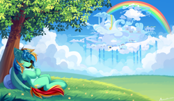 Size: 8000x4651 | Tagged: safe, artist:airiniblock, imported from derpibooru, oc, oc only, oc:typh, pegasus, pony, chest fluff, cloudsdale, detailed background, ear fluff, eyes closed, grass, grass field, pale belly, pegasus oc, rainbow, rcf community, scenery, sky, smiling, solo, tree