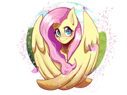 Size: 2160x1620 | Tagged: safe, artist:thunderskeleton13, imported from derpibooru, fluttershy, butterfly, pegasus, pony, blushing, bust, cute, female, high res, mare, portrait, shyabetes, simple background, solo, spread wings, transparent background, wings