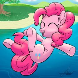 Size: 2000x2000 | Tagged: safe, artist:stellardust, derpibooru exclusive, imported from derpibooru, pinkie pie, earth pony, pony, eyes closed, falling, female, happy, high res, lake, solo, tree, upside down