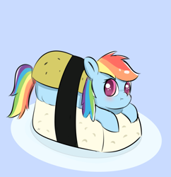 Size: 1491x1538 | Tagged: safe, artist:limitmj, imported from derpibooru, rainbow dash, pegasus, pony, :i, blue background, blushing, cute, dashabetes, female, food, lying down, mare, plate, ponies in food, ponies in sushi, prone, simple background, solo, sushi