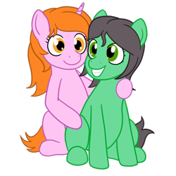 Size: 1200x1200 | Tagged: safe, artist:phallen1, derpibooru exclusive, imported from derpibooru, oc, oc only, oc:maya northwind, oc:sadie michaels, earth pony, pony, unicorn, derpibooru community collaboration, 2022 community collab, duo, duo female, earth pony oc, female, gray mane, grin, hooves, horn, hug, mare, orange mane, simple background, sitting, smiling, transparent background, unicorn oc