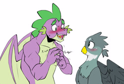 Size: 3871x2622 | Tagged: safe, artist:chub-wub, imported from derpibooru, gabby, spike, dragon, griffon, blushing, cute, duo, female, gigachad spike, high res, male, nervous, older, older spike, shipping, simple background, spabby, straight, white background, winged spike, wings