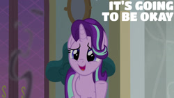 Size: 1280x720 | Tagged: safe, edit, edited screencap, editor:quoterific, imported from derpibooru, screencap, starlight glimmer, pony, unicorn, a matter of principals, season 8, female, mare, open mouth, open smile, school of friendship, smiling, solo