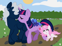 Size: 1140x847 | Tagged: safe, artist:cutiesparke, derpibooru exclusive, imported from derpibooru, princess celestia, princess luna, twilight sparkle, oc, pegasus, pony, unicorn, fanfic:que sera sera, alternate universe, canon x oc, cewestia, cloud, dirt road, dirty hooves, eyes closed, family, fanfic art, female, filly, filly celestia, filly luna, flower, foal, grass, happy, heart, holding a pony, male, offspring, open mouth, path, pegasus luna, pink-mane celestia, race swap, rock, shipping, simple background, sky, straight, sun, tree, two toned mane, unicorn celestia, unicorn twilight, walking, woona, younger