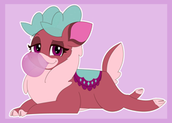 Size: 4000x2876 | Tagged: safe, artist:mrneo, imported from derpibooru, pomfy, deer, reindeer, them's fightin' herds, antlers, bubblegum, community related, cute, female, food, gum, looking at you, lying down, pink background, prone, simple background, solo