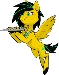 Size: 1499x1901 | Tagged: safe, artist:dar, imported from derpibooru, oc, oc only, oc:lightning bug, pegasus, fanfic:song of seven, black mane, chocolate chip cookie, clothes, cookie, flying, food, gem, jewelry, necklace, pegasus oc, simple background, transparent background, tray, wings