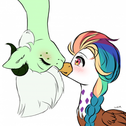 Size: 700x697 | Tagged: safe, artist:torihime, imported from derpibooru, oc, oc:rainbow feather, dracony, dragon, griffon, hybrid, blushing, braid, cute, interspecies offspring, kissing, magical lesbian spawn, multicolored hair, offspring, parent:gilda, parent:rainbow dash, parents:gildash, rainbow hair, simple background, sparks the dracony, transparent background, upside down