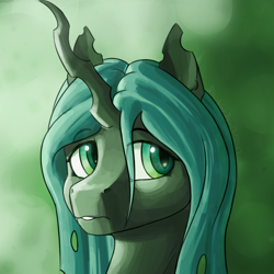 Size: 1650x1650 | Tagged: safe, artist:stardustspix, imported from derpibooru, oc, oc only, oc:wespe, changeling, changeling queen, female, green background, green mane, looking sideways, looking to the right, not chrysalis, parent:queen chrysalis, simple background, solo