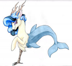 Size: 1866x1700 | Tagged: safe, artist:ask-y, imported from derpibooru, oc, oc only, hybrid, pony, sea pony, antlers, crack ship offspring, interspecies offspring, offspring, parent:discord, parent:sapphire shores, smiling, solo, traditional art