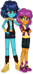 Size: 720x1579 | Tagged: safe, artist:fantarianna, imported from derpibooru, princess ember, smolder, human, equestria girls, blue eyes, blue hair, clothes, crossed arms, duo, equestria girls-ified, female, humanized, like sisters, not scootaloo, pants, purple hair, scootadragon, shirt, shoes, shorts, sibling love, simple background, sisterly love, size difference, sleeveless, smiling, sneakers, tomboy, transparent background, vest