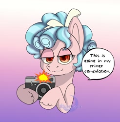 Size: 1336x1357 | Tagged: safe, artist:bluemoon, imported from derpibooru, cozy glow, earth pony, pony, camera, camera flashes, commission, cringe compilation, female, filly, foal, looking at you, smug, solo, ych result