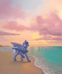 Size: 1800x2160 | Tagged: safe, artist:inarimayer, imported from derpibooru, oc, oc only, pegasus, pony, beach, cloud, outdoors, pegasus oc, scenery, solo