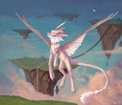 Size: 1080x926 | Tagged: safe, artist:inarimayer, imported from derpibooru, oc, oc only, dracony, dragon, hybrid, pony, cloud, crescent moon, floating island, flying, leonine tail, moon, solo, tail, wings