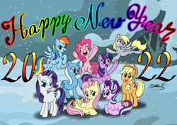 Size: 3508x2481 | Tagged: safe, artist:memprices, imported from derpibooru, applejack, derpy hooves, fluttershy, pinkie pie, rainbow dash, rarity, starlight glimmer, trixie, twilight sparkle, alicorn, earth pony, pegasus, pony, unicorn, female, happy new year 2022, high res, mane six, snow, snowfall, twilight sparkle (alicorn)