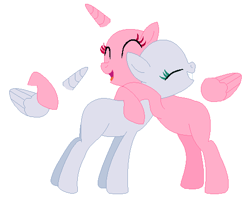 Size: 514x410 | Tagged: safe, artist:awoomarblesoda, imported from derpibooru, oc, oc only, earth pony, pony, base, duo, earth pony oc, eyelashes, eyes closed, grin, horn, hug, simple background, smiling, white background, wings