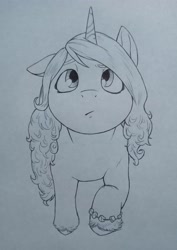 Size: 2818x3972 | Tagged: safe, artist:public mistake, imported from derpibooru, izzy moonbow, pony, unicorn, female, g5, grayscale, high angle, high res, looking up, mare, monochrome, solo, traditional art