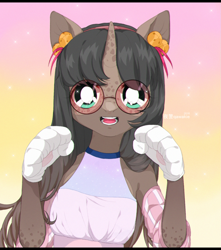 Size: 1353x1530 | Tagged: safe, artist:qawakie, imported from derpibooru, oc, oc only, anthro, cat, cat pony, original species, abstract background, bust, clothes, commission, female, glasses, horn, smiling, solo, ych result