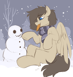 Size: 2174x2264 | Tagged: safe, artist:crimmharmony, imported from derpibooru, oc, oc only, oc:snaggletooth, pegasus, pony, carrot, clothes, food, freckles, high res, male, scarf, snow, snowman, solo