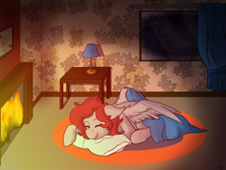 Size: 3200x2400 | Tagged: safe, artist:quillintortilla, imported from derpibooru, oc, oc only, oc:scarlett lane, oc:snaggletooth, pegasus, pony, blanket, fire, fireplace, freckles, high res, lamp, pillow, sleeping