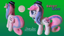 Size: 1920x1080 | Tagged: safe, artist:steam-loco, imported from derpibooru, oc, oc only, oc:sweet haze, earth pony, pony, clothes, collar, commission, cute, earth pony oc, embroidery, fedora, hat, heart, irl, male, photo, plushie, simple background, solo