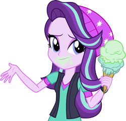 Size: 3119x3000 | Tagged: safe, artist:cloudy glow, imported from derpibooru, starlight glimmer, equestria girls, mirror magic, spoiler:eqg specials, .ai available, beanie, food, hat, high res, ice cream, looking at you, shrug, simple background, smiling, solo, that human sure does love ice cream, transparent background, vector