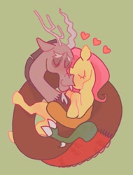 Size: 1063x1397 | Tagged: safe, artist:friendlyfloaty, imported from derpibooru, discord, fluttershy, draconequus, pegasus, pony, discoshy, eyes closed, female, green background, heart, male, mare, shipping, simple background, smiling, snuggling, straight