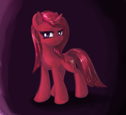 Size: 987x900 | Tagged: source needed, safe, artist:sapsan, imported from derpibooru, oc, oc only, oc:iosis, pony, unicorn, female, gradient background, looking at you, mare, purple background, red, red coat, red hair, red mane, red tail, simple background, smug, solo, tail