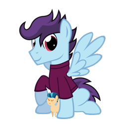 Size: 1500x1500 | Tagged: safe, artist:the smiling pony, imported from derpibooru, indigo zap, oc, oc only, oc:microburst, pegasus, pony, derpibooru community collaboration, .svg available, 2022 community collab, clothes, equestria girls ponified, looking at you, male, pegasus oc, plushie, ponified, raised hoof, shirt, show accurate, simple background, sitting, smiling, smiling at you, solo, spread wings, stallion, svg, tail, transparent background, two toned mane, two toned tail, vector, wings