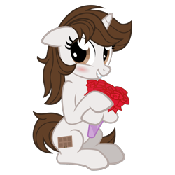 Size: 1500x1500 | Tagged: safe, artist:the smiling pony, imported from derpibooru, oc, oc only, oc:dorm pony, pony, unicorn, derpibooru community collaboration, .svg available, 2022 community collab, blushing, bouquet, brown mane, female, floppy ears, flower, full body, grin, hoof hold, horn, looking at you, mare, rose, show accurate, simple background, sitting, smiling, solo, svg, transparent background, unicorn oc, vector
