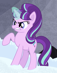 Size: 2349x3000 | Tagged: safe, artist:frownfactory, imported from derpibooru, starlight glimmer, pony, unicorn, season 5, the cutie map, angry, blue eyes, cropped, ear fluff, female, glowing, glowing horn, gritted teeth, high res, horn, magic, magic aura, mare, multicolored mane, multicolored tail, raised hoof, s5 starlight, simple background, snow, solo, standing, tail, vector