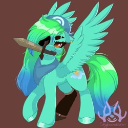 Size: 1440x1440 | Tagged: safe, artist:skyboundsiren, imported from derpibooru, oc, oc only, pegasus, pony, eyepatch, looking at you, mouth hold, solo, spread wings, sword, weapon, wings