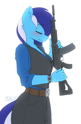 Size: 800x1228 | Tagged: safe, artist:puetsua, imported from derpibooru, oc, oc only, oc:brushie brusha, anthro, ak-12, belt, blushing, clothes, eyes closed, female, frown, gun, pants, rifle, simple background, solo, vest, watch, weapon, white background, wristwatch